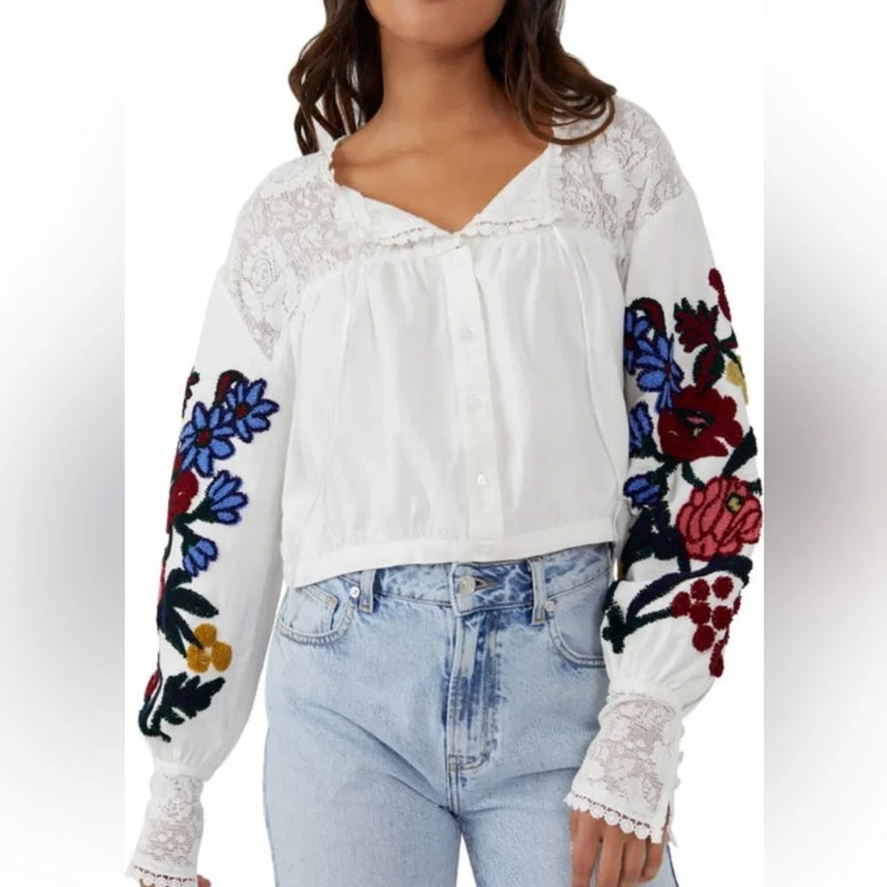 Free People Meadows Embroidered Cotton Long Sleeve Top